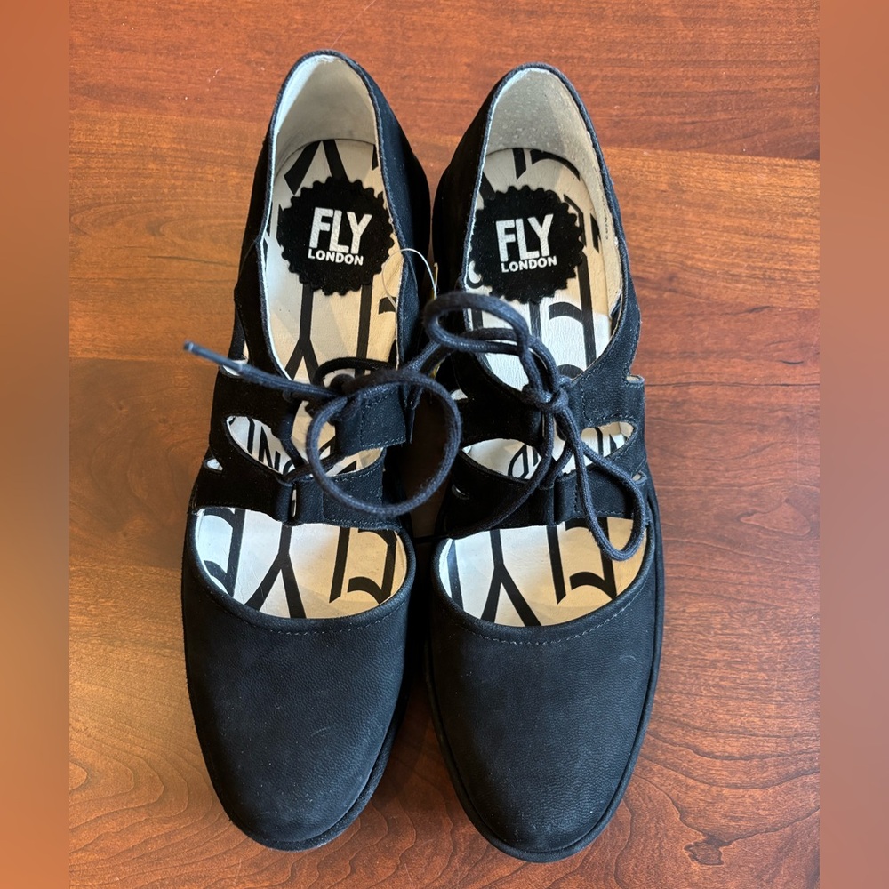 SALE 🔥 Fly London Wedge Suede Leather Black Lace Up Dress Shoes, Poma,Women’s 38 - Picture 2 of 16